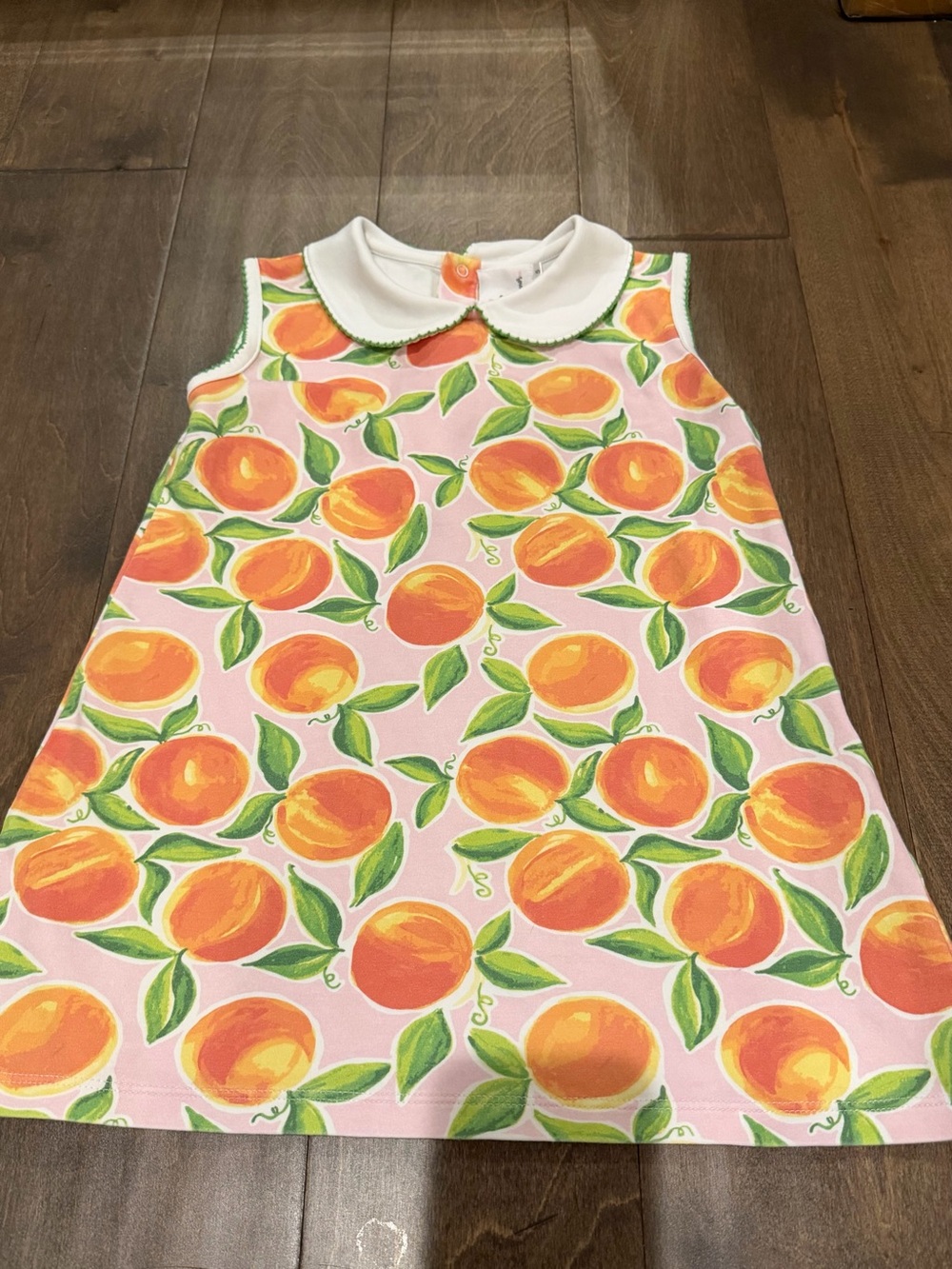 Girls Pink Peach Print Sleeveless Dress with White Peter Pan Collar